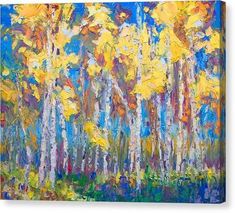 an abstract painting of trees with yellow leaves