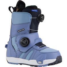 a blue snowboard boot with black and white accents