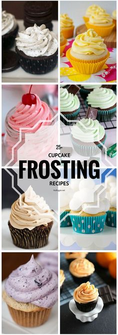 frosted cupcakes with frosting on them and the words frosting recipes below