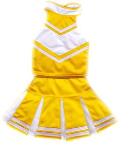 a yellow and white cheerleader dress on a mannequin headdress,