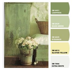 the color scheme is green, white and yellow with some flowers in a bucket next to a chair