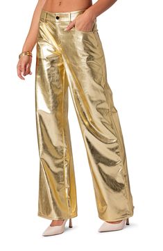 A bold metallic finish brings plenty of retro glamour to these faux-leather pants in a wide-leg silhouette. Zip fly with button closure Five-pocket style 100% polyurethane Hand wash, dry flat Imported Jeans Loose Fit, Recruitment Outfits, Gold Pants, Metallic Jeans, Retro Glamour, Metallic Pants, Fashion Project, Swimwear Dress, Flare Leg Pants