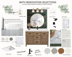 bathroom renovation selections with green and white tile, wood vanity, mirror, sink, tub