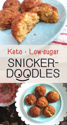 keto - low sugar snickker doodles on a blue plate with the title above it