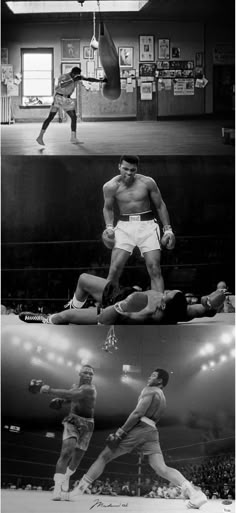 two pictures of men in boxing outfits and one with a punching glove