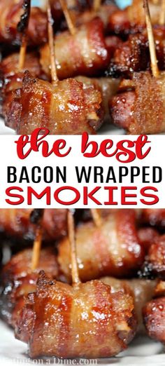 bacon wrapped skewers on a white plate with text overlay