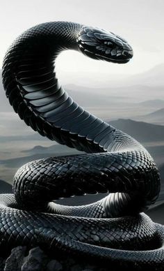 a black and white photo of a snake on top of a hill with mountains in the background