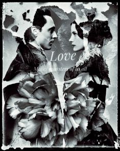 a man and woman are facing each other with flowers in front of their faces on a black and white background