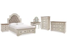 (Online Special Price) Realyn Two-tone Queen Upholstery Panel Bedroom Set with Dresser, Chest, Nightstand, and Vanity Set - Ornate Home Panel Bedroom, Bed Dresser, Romantic Bed, Upholstered Bedroom, Traditional Cottage, King Upholstered Bed, Queen Panel Beds, Upholstered Panel Bed, Bedroom Panel