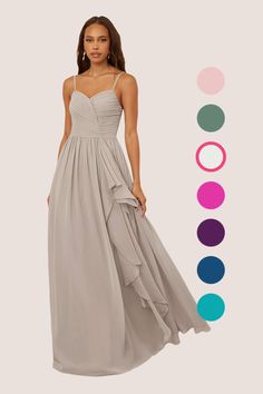 a woman in a long gray dress with different colors and shapes to choose from for the bridesmaid