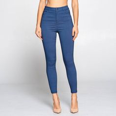 Dress Transition Pant. High Waist Twill Stretch Pants 75% Rayon 22% Nylon 3% Spandex Fitted High Waist Denim Blue Bottoms, High Waist Fitted Denim Blue Bottoms, Fitted High Waist Denim Blue Pants, High Waist Fitted Denim Blue Pants, Fitted Denim Blue Trousers, Fitted High-waisted Blue Jeans, Blue Stretch High-waisted Jeans, Stretch High-waisted Blue Jeans, Chic Fitted Denim Blue Pants