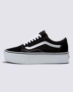 Bringing New Heights to Our Iconic Sidestripe ShoeNothing screams attitude like a killer pair of black platform shoes. The Vans Old Skool Stackform is the height of cool on the platform front, with double the sidewall height for maximum coverage. The suede and canvas uppers ensure durability, while the lace-up closure and supportive padded collars add layers of comfort on the practical side. These black platform shoes are all about the look, a cool-as-cool aesthetic that remains undefeated after all these years. Throw in Vans' iconic Sidestripe and signature rubber waffle outsoles, and you've got black platform shoes worth paying attention to, now and forever. Iconic Sidestripe™ shoe 34 mm platform height Sturdy leather and textile uppers Lace-up closure Supportive padded collars Signature Old Skool Stackform, Vans Old School, Black Platform Shoes, White Shoe, Shoes Canvas, After All These Years, Cute Lazy Day Outfits, Lazy Day Outfits, Paying Attention