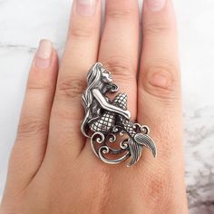 Mermaid Solid Sterling Silver Ring Adjustable Solid Sterling Large Mermaid, Mermaid Siren, Metal Jewellery, Mermaid Ring, Sea Jewelry, Antique Silver Jewelry, Silver Diamond Necklace, Silver Mermaid, Jewellery Indian