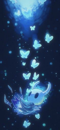 an animated image of a blue bird flying through the night sky with butterflies around it