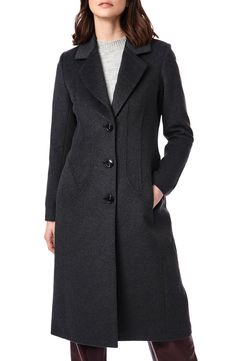 Look classy while staying comfortably covered up in this handsome longline coat crafted from a warm wool blend. 45" length (size Medium) Notched lapels Lined 52% wool, 43% polyester, 5% other fibers Dry clean Imported Elegant Gray Sweater Coat For Work, Elegant Gray Wool Coat With Pockets, Classic Gray Wool Coat For Fall, Gray Wool Sweater Coat For Work, Wool Long Coat With Welt Pockets, Fitted Long Wool Coat With Welt Pockets, Fitted Long Wool Sweater Coat, Fitted Long Wool Pea Coat, Elegant Long Pea Coat With Welt Pockets