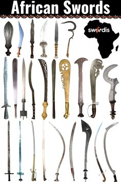 the african swords are all different sizes and shapes, but there is no image to describe