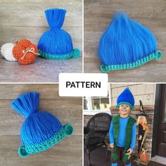 three pictures of different types of crochet hats and hair for children to wear