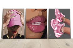 three pictures of women's lips and shoes on the wall, one is wearing a pink hat