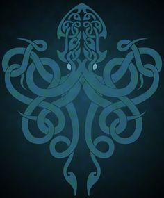 an intricate design on a black background with blue and green colors in the shape of octopus's head