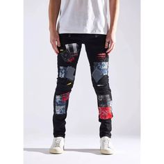 * Embellish Nyc Men's Jean * Distressed Denim * Patchwork And Rip Details * Skinny Fit * Stretch Fabric * 98% Cotton, 2% Spandex * 34" Inseam * Imported * Mpn Embhol21-2-10 * Msrp $145 Ripped Fitted Punk Jeans, Punk Ripped Fitted Jeans, Fitted Ripped Punk Jeans, Punk Style Ripped Fitted Jeans, Black Ripped Cotton Jeans, Patched Jeans For Streetwear In Fall, Fall Streetwear Jeans With Patches, Black Ripped Fitted Jeans, Trendy Fitted Jeans With Patches