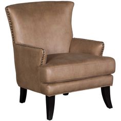 a brown chair with studded arms and legs