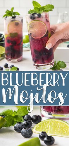 blueberry mojitos with lime and mint garnish