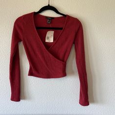 Criss Cross In The Front, Long Sleeve Ribbed Top. Red In Color. V Neck. Size Small. Forever 21. New With Tags. Red Shirt Long Sleeve, Desired Wardrobe, Venom 2, Red Long Sleeve Tops, Shopping Wishlist, Red Long Sleeve, Ribbed Top, Red Shirt, Red Top