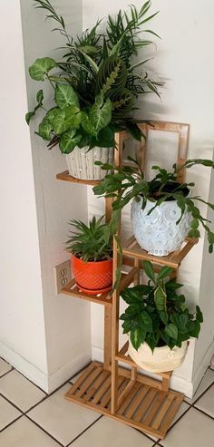 three tiered plant stand with plants on it