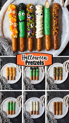 Chocolate-covered pretzel rods decorated as mummies, Frankenstein, candy corn, monsters, witch fingers, and Halloween sprinkles. Halloween Dipped Pretzels Rods, Halloween Pretzel Sticks Dipped, Halloween Pretzel Ghosts, Halloween Themed Pretzels, Pretzels Halloween Treats, Halloween Decorated Pretzels, Halloween Party Pretzels, Chocolate Covered Pretzel Sticks Halloween, Spiderweb Pretzel Rods