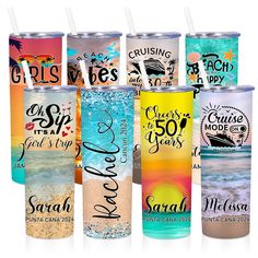 six different types of tumblers with the names of various countries and their slogans