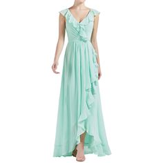 MACloth Women V Neck Ruffle Cap Sleeve Hi-Lo Long Wedding Bridesmaid D Green V-neck Bridesmaid Dress For Wedding, Chiffon Bridesmaid Dress With Ruffles For Wedding, Chiffon Ruffles Bridesmaid Dress For Wedding, Green Chiffon Mother Of The Bride Dress For Wedding, Spring Wedding Bridesmaid Dress With Ruffles, Flowy Ruffled Evening Dress For Wedding, Flowy Evening Dress With Ruffles For Wedding, Chiffon Maxi Dress With Ruffles For Wedding, Green Chiffon Wedding Dress