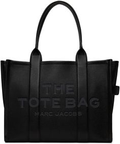 Grained leather tote in black. · Rolled shoulder straps · Logo embossed at face · Carry handle at side · Logo patch at back face · Bumper pads at base · Zip closure · Card slot at interior · Zip pocket and patch pockets · Buffed leather and twill lining · H13 x W16 x D5 Supplier color: Black Marc Jacob’s Tote Bags, Black Lether, Black Designer Bags, Raffle Ideas, Marc Jacobs The Tote Bag, Jordan Shoes Girls, Large Leather Tote Bag, Marc Jacobs Tote, Bags Messenger