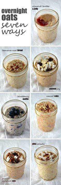 four different types of overnight oatmeal in glass jars with text overlay