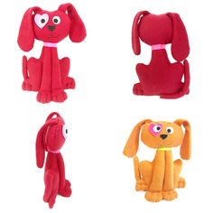 four different stuffed animals are shown in red and orange, with one dog on the other side