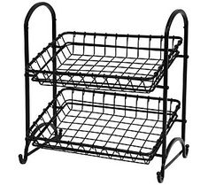 two tiered wire basket with wheels on white background