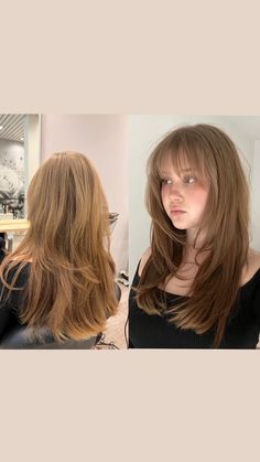 Layered Trendy Hair, Copper Hair With Curtain Bangs And Layers, Hair Inspired Layers, Straight Bangs Layered Hair, 90s Layered Hair With Fringe, Few Layers Haircut, Hair Layers For Round Face, Long Layers And Bangs Straight Hair, What Bangs Fit My Face Shape