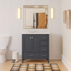 a white toilet sitting next to a bathroom sink under a mirror on top of a wooden cabinet