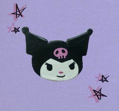 a painting of a girl with black hair and pink skull on her head, surrounded by stars