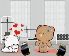 a cartoon bear and a teddy bear doing exercises with dumbbells in a gym