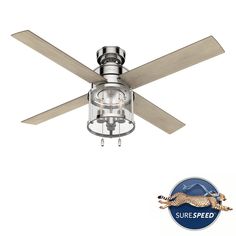 a ceiling fan with a light on it and a logo for surespeede