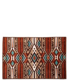 an orange and blue rug with geometric designs on the front, side and back sides