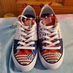 Dear Converse Lovers...Customized By Me..These Converse Are A Size 5 Men & 7 Women..I Made Them For The 4th Of July But It Does Not Have To Be For You To Sport These Beauties..Made With Swarovski Crystals And Pearls..Very Very Clean (No Dirty Footbed) As Pictures Show..They Are Practically New..If U Lovin' On Them, Go Head N Buy...You Wont Regret The Purchase.. Converse Custom Low-top Sneakers With Red Sole, Converse Custom Sneakers With Red Sole, Red Converse Sneakers With Rubber Sole, Beaded Converse, Beading Shoes, Painting Converse, Bead Clothes, Decorated Converse, Bedazzled Shoes Diy