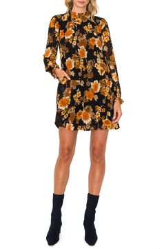 MELLODAY Ruffle Neck Long Sleeve Pleated Dress in Black Multi at Nordstrom Rack, Size X-Small