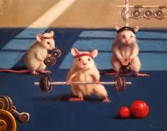 three mice are sitting on top of a barbell