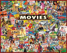 a poster with many different pictures and words on it's side, including the word movies