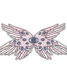 an embroidered patch with pink and blue wings