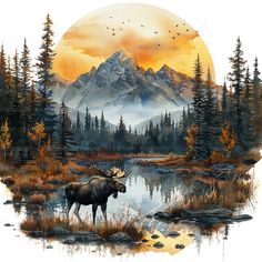 a moose is standing in front of a lake with mountains and pine trees around it