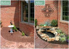 the before and after pictures of a garden pond in front of a brick building with landscaping