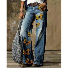 Women's Jeans Flared Pants Faux Denim Side Pockets Wide Leg Print Mid Waist Full Length 1 Summer 2024 - $32.99