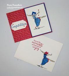 two greeting cards with an image of a woman in a blue dress and red hat